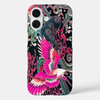 FLYING CRANES,WAVES,FLOWERS Pink Japanese Floral