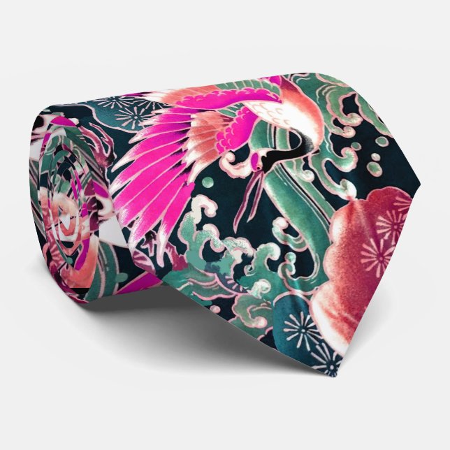 FLYING CRANES,WAVES,FLOWERS Pink Japanese Floral N Tie (Rolled)