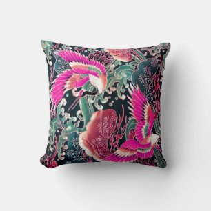 FLYING CRANES,WAVES,FLOWERS Pink Japanese Floral Throw Pillow