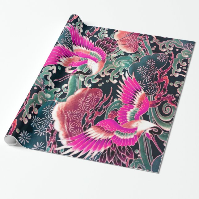 FLYING CRANES,WAVES,FLOWERS  Pink Japanese Floral Wrapping Paper (Unrolled)
