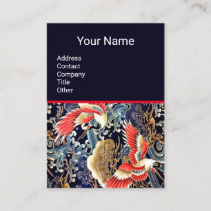 FLYING CRANES,WAVES,SPRING FLOWERS Floral Red Blue Business Card