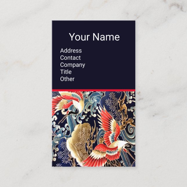 FLYING CRANES,WAVES,SPRING FLOWERS Floral Red Blue Business Card (Front)