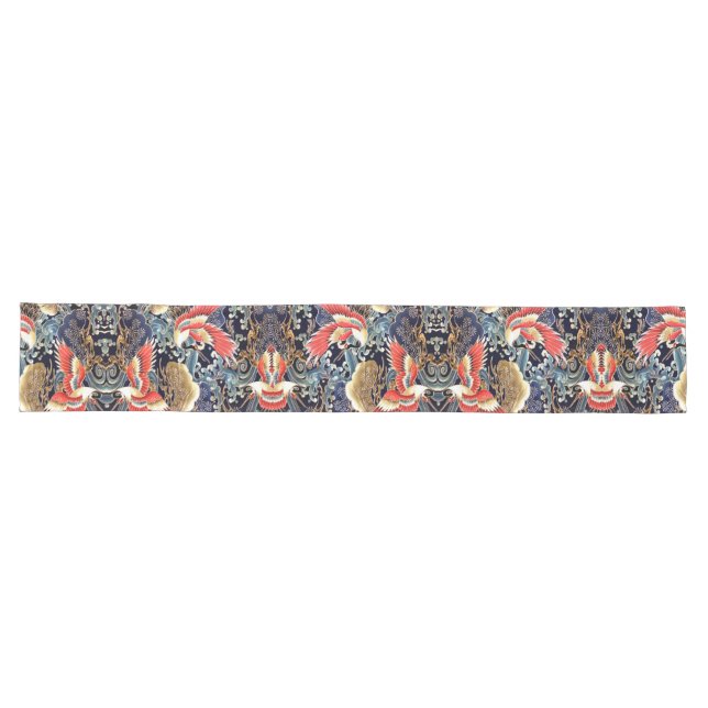FLYING CRANES,WAVES,SPRING FLOWERS Japanese Floral Long Table Runner (Horizontal)