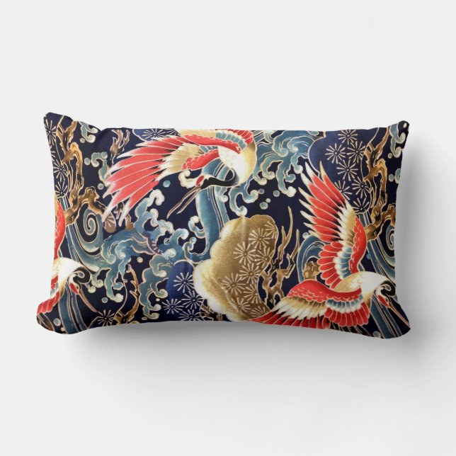 FLYING CRANES,WAVES,SPRING FLOWERS Japanese Floral Lumbar Pillow (Front)