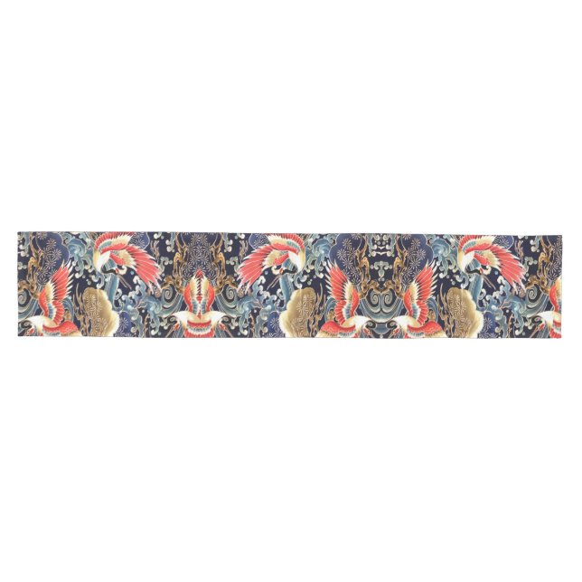 FLYING CRANES,WAVES,SPRING FLOWERS Japanese Floral Medium Table Runner (Horizontal)