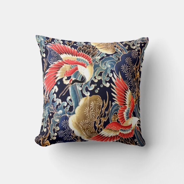 FLYING CRANES,WAVES,SPRING FLOWERS Japanese Floral Throw Pillow (Front)