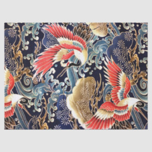 FLYING CRANES WAVES,SPRING FLOWERS Japanese Floral Tissue Paper