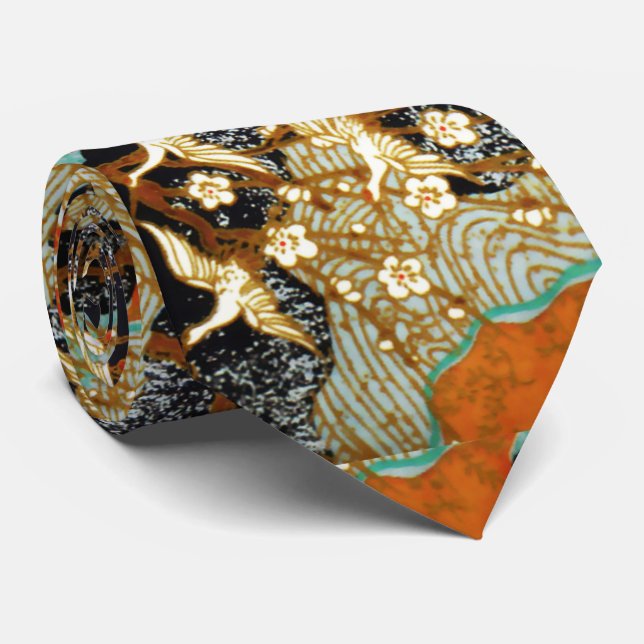FLYING CRANES WITH SPRING FLOWERS Japanese Floral Tie (Rolled)