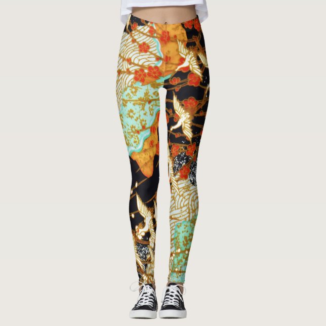 FLYING CRANES WITH SPRING FLOWERS LEGGINGS (Front)