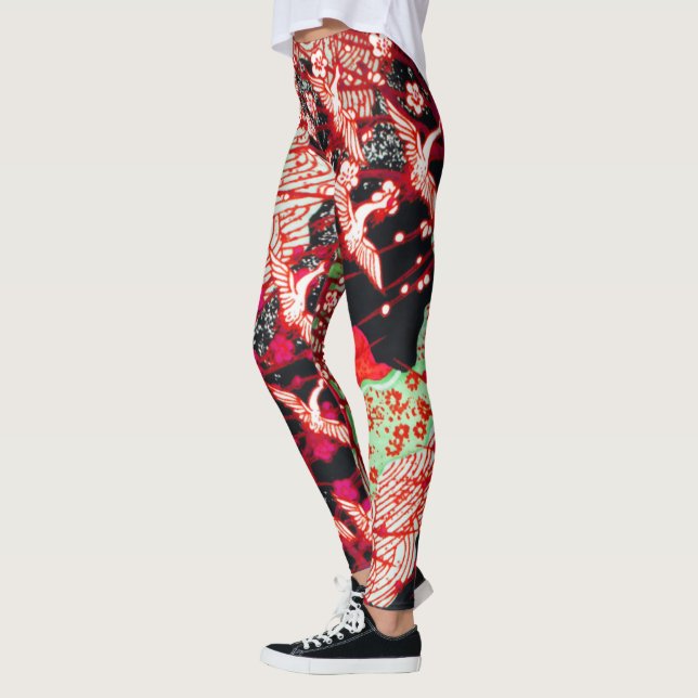 FLYING CRANES WITH SPRING FLOWERS  Red Floral Leggings (Left)
