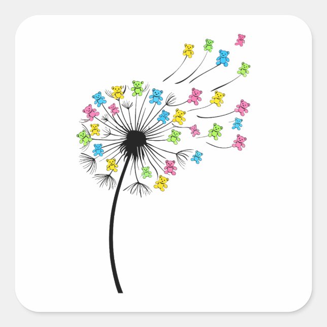 Flying cute bears dandelion flow square sticker (Front)