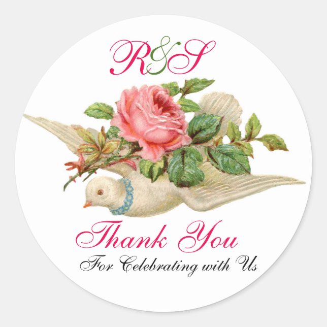 FLYING DOVE WITH PINK ROSE Thank You Monogram Classic Round Sticker (Front)