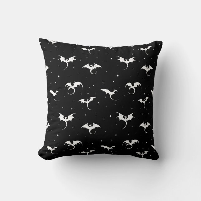 Flying dragons and stars on black background throw pillow (Front)