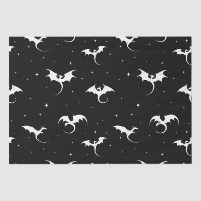 Flying dragons and stars on black background tissue paper (Front)