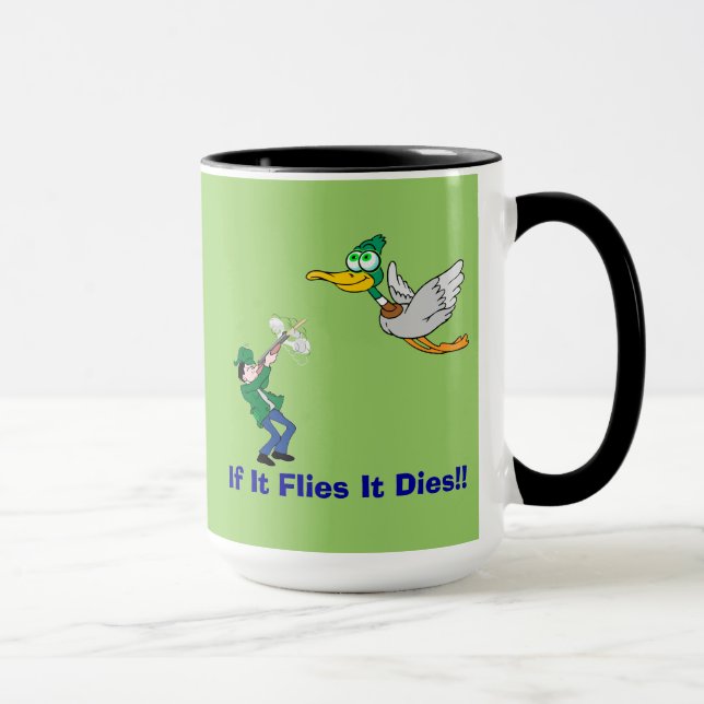 Flying Duck And Hunter Cartoon Mug (Right)