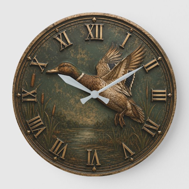 Flying Duck Rustic Waterfowl Hunting Cabin Decor Large Clock (Front)