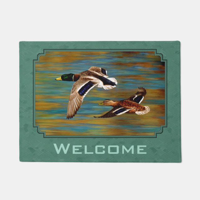 Flying Ducks Sea Mist Green Doormat (Front)