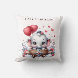 Flying Elephant Birthday Throw Pillow