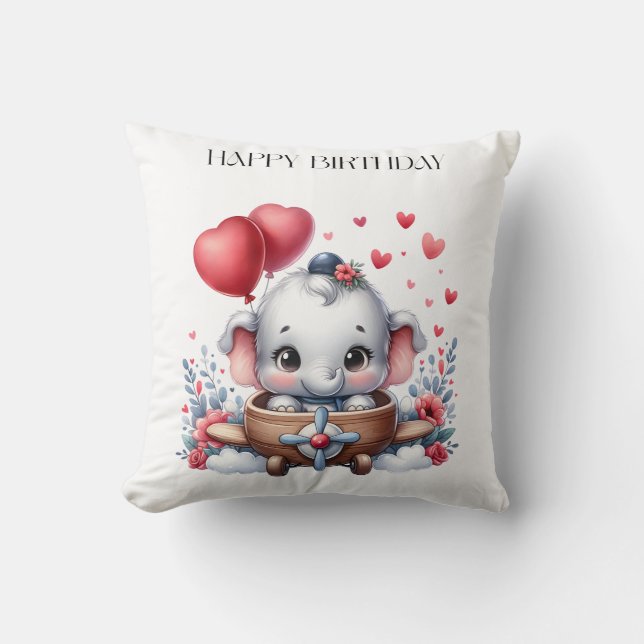 Flying Elephant Birthday Throw Pillow (Front)