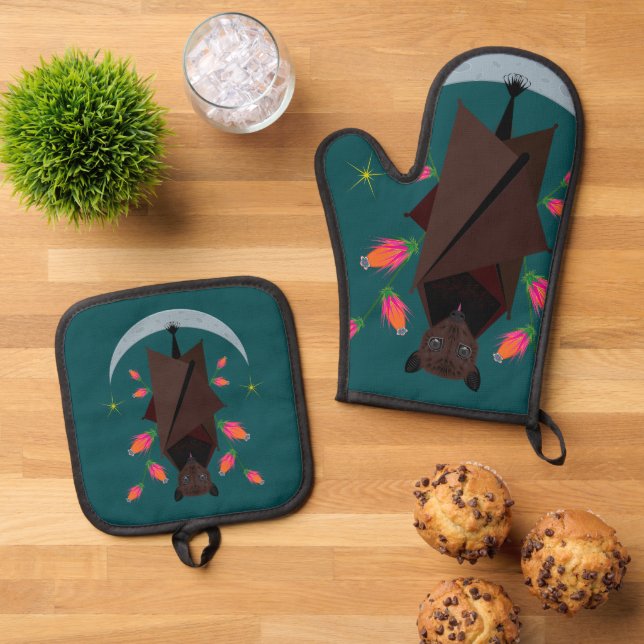 Flying Fox Teal  Oven Mitt & Pot Holder Set (Top Down)