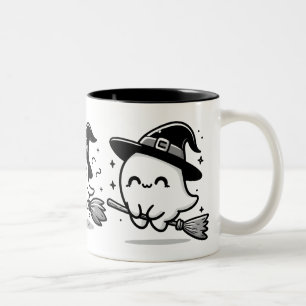Flying Ghost Witch on Broom Halloween Mug   Double