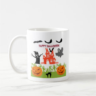 Flying Ghoulish Ghost, Bats, Pumpkins,Black Cat Coffee Mug