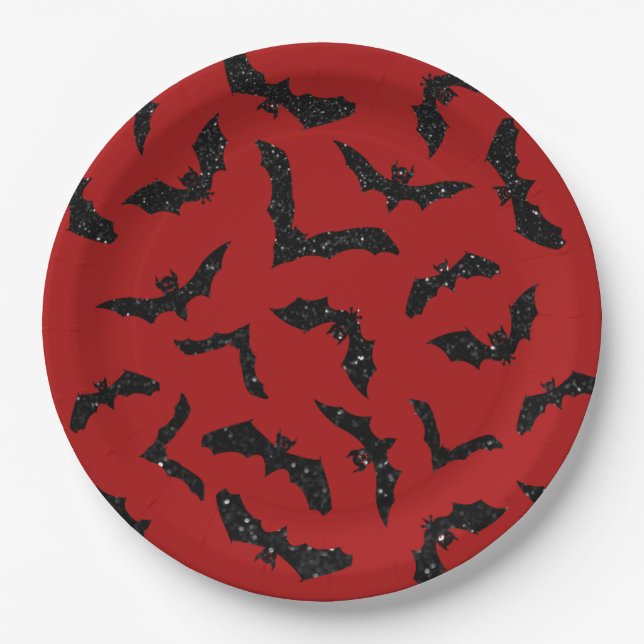 Flying Glitter Bats Halloween Paper Plate (Front)