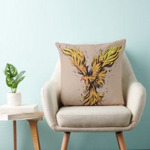 Flying Gold Phoenix Bird Graphic Throw Pillow