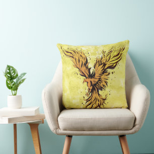 Flying Gold Phoenix Bird Graphic Throw Pillow