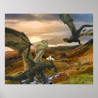 Flying Green Dragon Fantasy Mountains