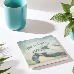 Flying Green Sea Turtle Custom Stone Coaster