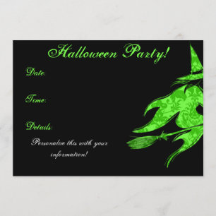 Flying Green Witch Halloween Invitation
