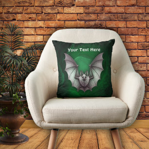 Flying Grey Bat Spooky Green Glowing Cave Throw Pillow