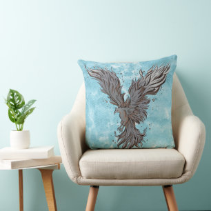 Flying Grey Phoenix Bird Graphic Throw Pillow