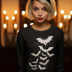 Flying Halloween Galaxy White Bats and Stars T-Shirt