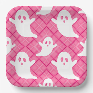 Flying Halloween Ghosts on Pink Plaid Paper Plate