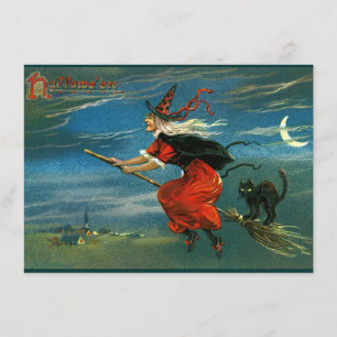 Flying Halloween Witch with Cat Card
