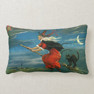 Flying Halloween Witch with Cat Lumbar Pillow