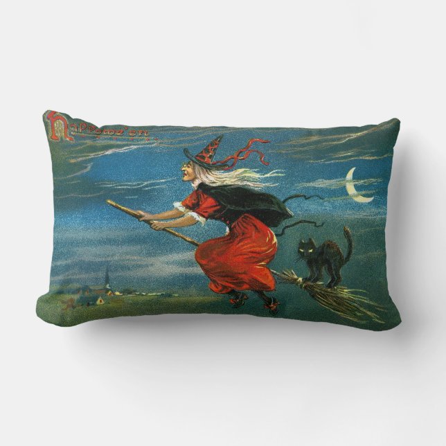 Flying Halloween Witch with Cat Lumbar Pillow (Front)