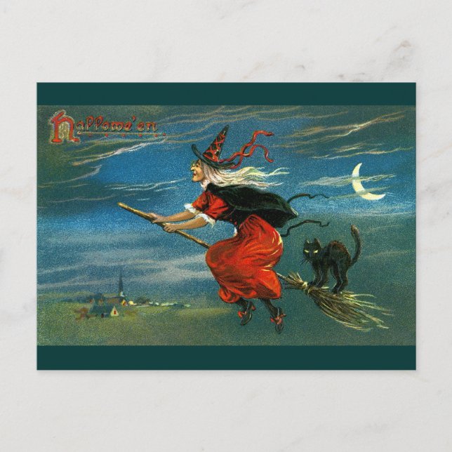 Flying Halloween Witch with Cat Postcard (Front)