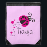 Flying heart ladybug kids name pink drawstring bag<br><div class="desc">Cute ladybug / ladybird flying with hearts graphic art named kids bag in pink,  black and white. Ideal for trips out sleep overs or to take to school. Personalize with your own name,  currently reads Tianya. Original graphic ladybug art by Sarah Trett.</div>