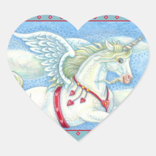FLYING HEARTS WHITE UNICORN, FANTASY PEGASUS HEART STICKER