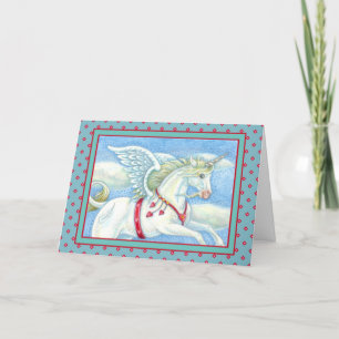 FLYING HEARTS WHITE UNICORN, FANTASY PEGASUS HOLIDAY CARD