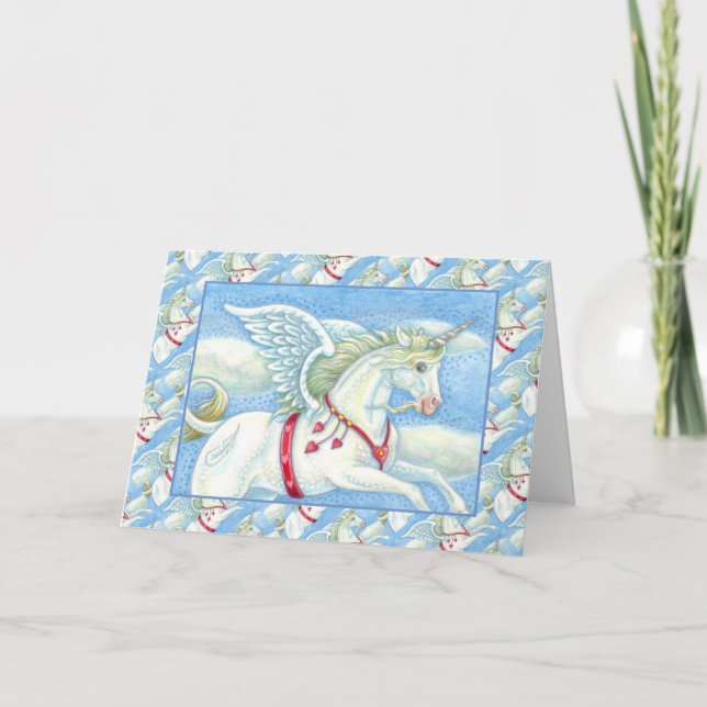 FLYING HEARTS WHITE UNICORN, FANTASY PEGASUS HOLIDAY CARD (Front)