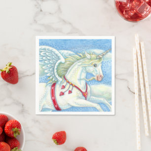 FLYING HEARTS WHITE UNICORN, FANTASY PEGASUS NAPKIN