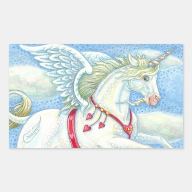 FLYING HEARTS WHITE UNICORN, FANTASY PEGASUS STICKER (Front)