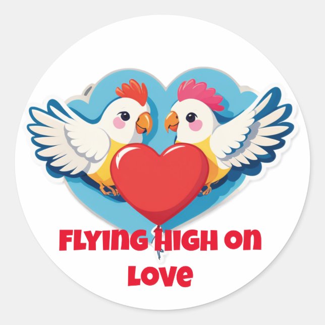 Flying High on Love – Balloon-Holding Lovebirds Classic Round Sticker (Front)