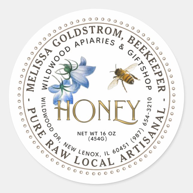 Flying Honeybee Blue Flower Artisanal Honey     Classic Round Sticker (Front)