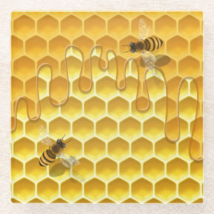Flying Honeybees on Golden Honeycomb Customizable Glass Coaster