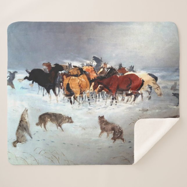 Flying Hoofs Wolf Pack Attacking Horses Rustic Dog Sherpa Blanket (Front (Horizontal))
